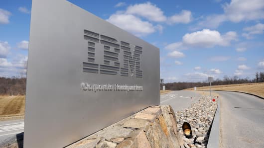 A sign marks the entrance to IBM headquarters in Armonk, New York.