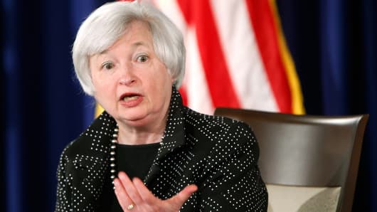 Federal Reserve Chair Janet Yellen speaks during a news conference.