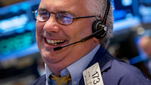Trader Frank O'Connell reacts on the floor of the New York Stock Exchange August 26, 2014.