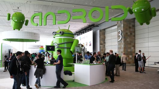 Attendees visit the Android booth during a Google I/O developers conference in San Francisco.