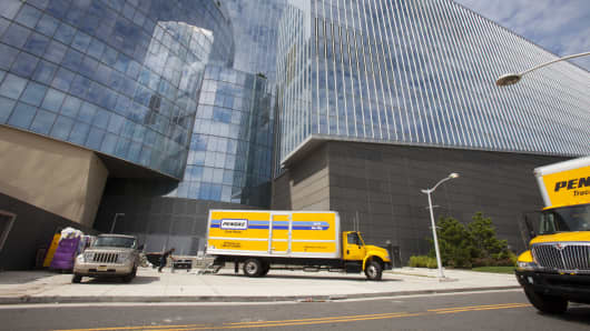 Moving trucks line up outside the Revel Casino on September 3, 2014 in Atlantic City, New Jersey.