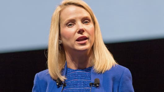 Yahoo CEO Marissa Mayer speaks during her keynote at the 2014 Cannes Lions, June 17, 2014, in Cannes, France.