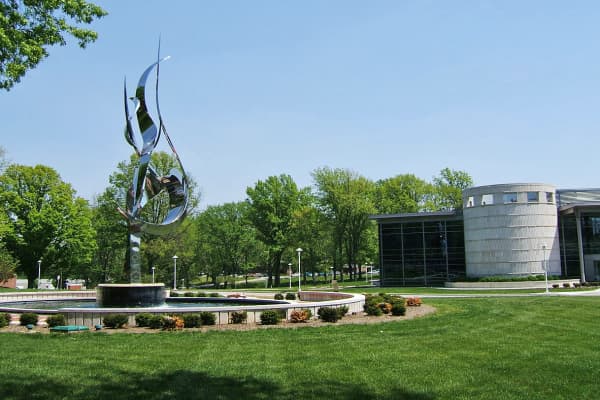 Hatfield Hall and the Flame of the Millennium statue are shown at Rose-Hulman Institute of Technology in Terre Haute, Ind.