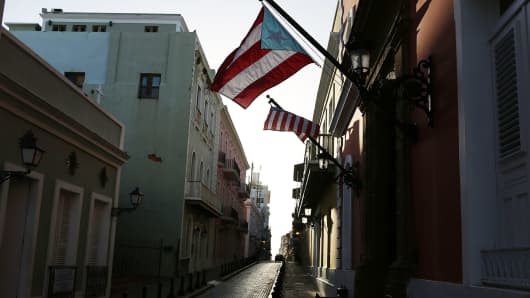 A Puerto Rican flag flies from a building in San Juan, Puerto Rico