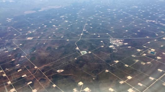 Aerial view of oil fields over west Texas.