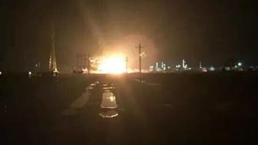 A blast seen and heard in a chemical industry zone in Lijin, Dongying City of Shandong on Aug. 31st, 2015.