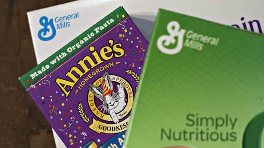 Annie's Inc. pasta is arranged for a photograph alongside General Mills Inc. cereals in a kitchen in Tiskilwa, Illinois.
