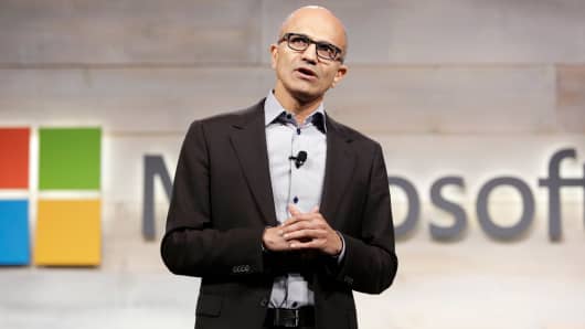 Microsoft Chief Executive Satya Nadella speaks at a shareholders' meeting in Bellevue, Washington.
