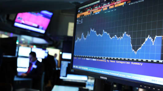 A screen shows the market movements as traders work on the floor of the New York Stock Exchange  on January 7, 2016.