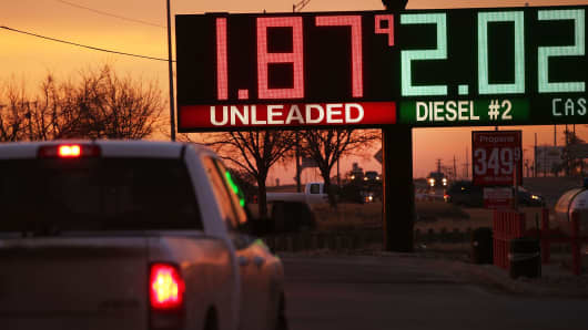The price of gas is advertised at a fuel station in the Permian Basin oil field on Jan. 20, 2016, in the oil town of Andrews, Texas.