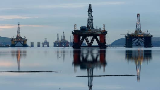 Drilling rigs in the Cromarty Firth near Invergordon, Scotland, Britain.