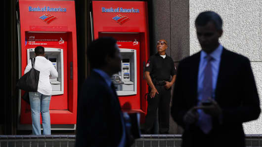 Bank of America Corp. ATMs outside of the Bank of America Plaza tower in Los Angeles, California.
