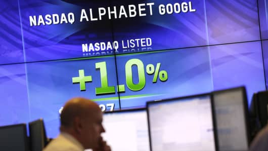 Electronic screens post the price of Alphabet stock