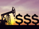 Oil pump against sunset sky with dollar symbol