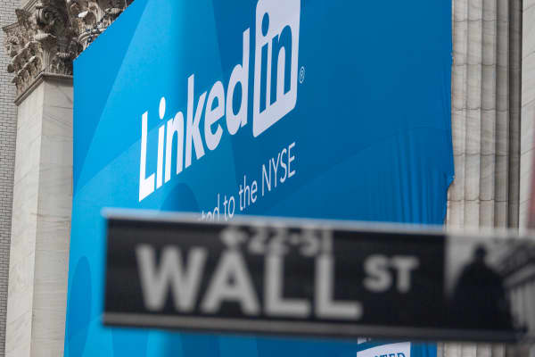 A LinkedIn Corp. banner hangs on the front of the New York Stock Exchange in New York, U.S., on Thursday, May 19, 2011.