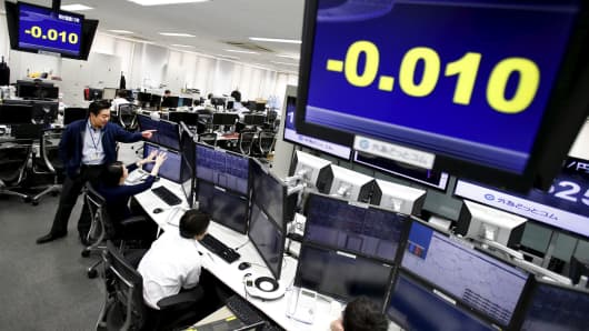 Employees of a foreign exchange trading company work under monitors displaying the 10-year Japanese government bond yield in Tokyo, Feb. 9, 2016.