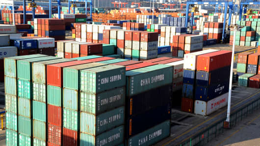 Containers are stacked at a port on March 1, 2016 in Lianyungang, Jiangsu Province of China
