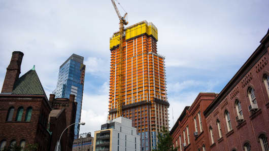 An apartment building under construction in Brooklyn, New York.