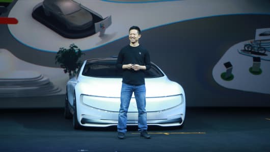 Jia Yueting introduces the all-electric battery 'concept' car LeSEE on April 20, 2016 in Beijing, China.