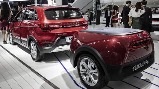 A BAIC Motor EX200 EV electric sports utility vehicle at the Beijing International Automotive Exhibition on April 25, 2016. Tesla Motors and BYD Co. are among manufacturers showing 147 new-energy vehicles at this year's show.
