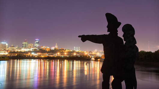The Lewis and Clark statue at Kaw Point, where the Kansas and Missouri rivers merge.