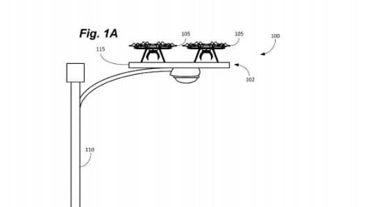Patent filing depicts an Amazon drone docked on a lamppost.