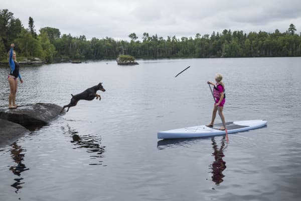 On a lake in Minnesota. a dog jumps for a stick as a girl on a paddle board watches.