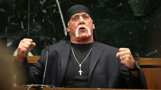 Terry Bollea, aka Hulk Hogan, testifies in court during his trial against Gawker Media at the Pinellas County Courthouse on March 8, 2016 in St Petersburg, Florida.