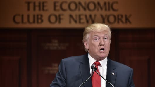 Republican presidential nominee Donald Trump speaks at an event hosted by The Economic Club of New York at the Waldorf Astoria hotel in New York on September 15, 2016.