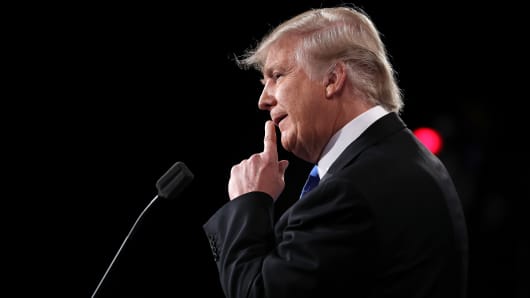 Donald Trump looks on during the Presidential Debate at Hofstra University on September 26, 2016 in Hempstead, New York.