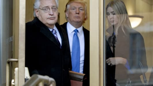 Billionaire real estate developer Donald J. Trump, center, his daughter Ivanka Trump, right, and attorney David Friedman exit U.S. Bankruptcy Court in Camden