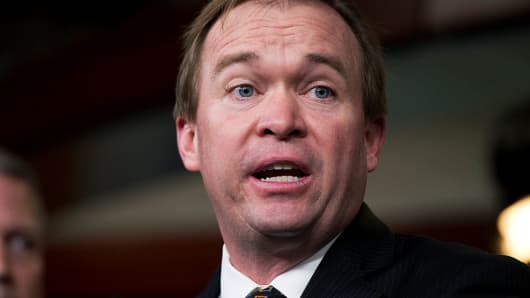Rep. Mick Mulvaney, R-S.C., conducts a bicameral news conference in the Capitol Visitor Center to urge passage of the Homeland Security Department funding bill, February 12, 2015.