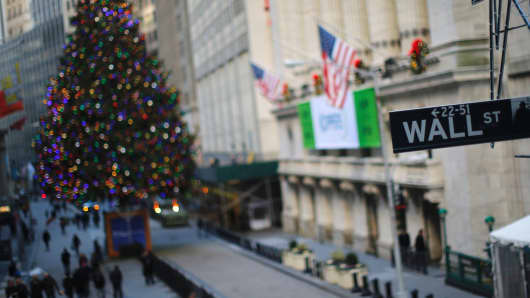 A Wall Street sign is viewed in front of the New York Stock Exchange on December 20, 2016 in New York.