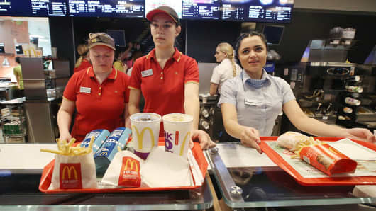 Workers of McDonald's fast food restaurant.
