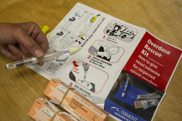 View of an 'Overdose Rescue Kit,' which includes naloxone, a syringe for nasal atomization, and instructions, as displayed at Howard Center, Burlington, Vermont, May 24, 2016.