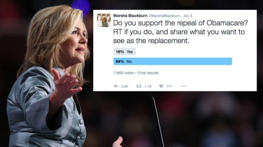 Representative Marsha Blackburn's tweet about repealing Obamacare backfires.