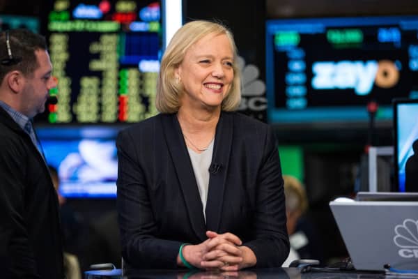 Meg Whitman, CEO of Hewlett Packard, on the floor of the New York Stock Exchange