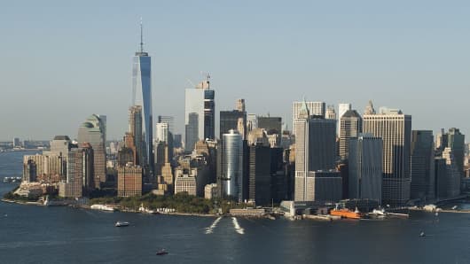 The skyline of downtown Manhattan, including the Freedom Tower, is seen in this aerial photograph over New York City, September 13, 2016.