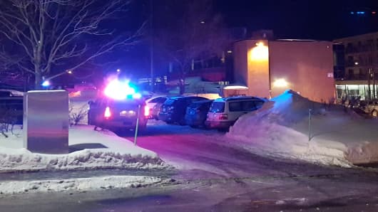 Police arrive at the scene of a fatal shooting at the Quebec Islamic Cultural Centre in Quebec City, Canada on January 29, 2017.