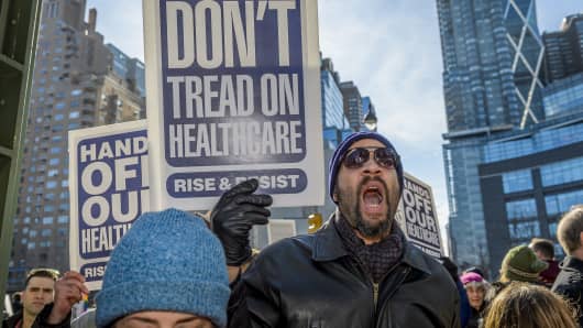 Hundreds of activists and allies from the newly-formed anti-Trump group Rise & Resist staged a peaceful protest at Trump International Hotel and Tower in New York City, to fight against the radical changes to the American healthcare system proposed by the Trump Administration and Republicans.