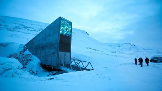 A general view of the entrance of the international gene bank Svalbard Global Seed Vault, outside Longyearbyen on Spitsbergen, Norway, on February 29, 2016.