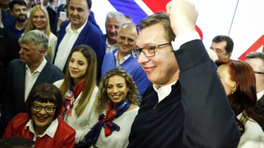 Serbian President-elect Aleksandar Vucic (R) celebrates after declaring a victory on April 2, 2017 in Belgrade, Serbia.