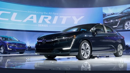 The plug-in version of the Honda Clarity is displayed at the 2017 New York International Auto Show in New York City, U.S. April 12, 2017.