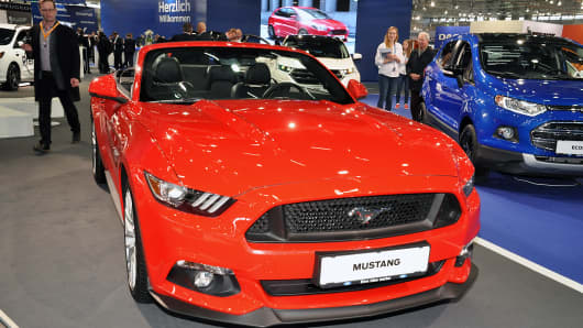 This Ford Mustang is displayed during the Vienna Autoshow, as part of Vienna Holiday Fair. The Vienna Autoshow will be held January 12-15, on January 11, 2017 in Vienna, Austria.