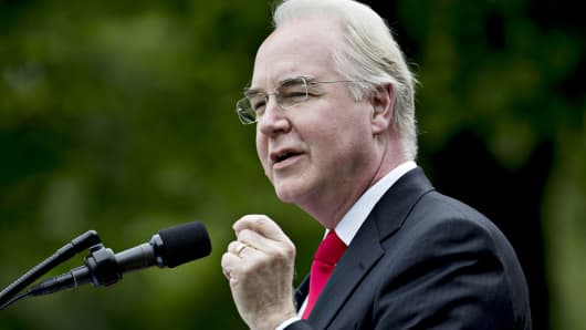 Tom Price, U.S. secretary of Health and Human Services (HHS), speaks during a press conference in the Rose Garden of the White House in Washington, D.C., U.S., on Thursday, May 4, 2017.