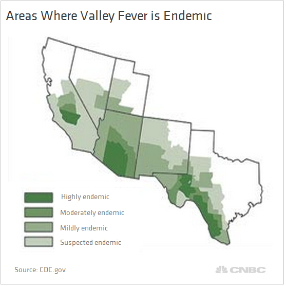 Map of valley fever in the US