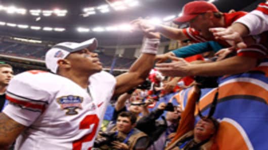 Quarterback Terrelle Pryor #2 of the Ohio State Buckeyes celebrates the Buckeyes 31-26 victory against the Arkansas Razorbacks during the Allstate Sugar Bowl at the Louisiana Superdome on January 4, 2011 in New Orleans, Louisiana.
