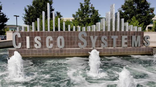 A fountain is shown at the entrance to Cisco Systems headquarters in San Jose, California.