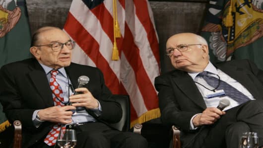 Former Federal Reserve Board Chairmen Alan Greenspan, left, and Paul Volcker, participate in the Treasury Conference on U.S. Capital Markets Competitiveness, Tuesday, March 13, 2007, at Georgetown University in Washington.  (AP Photo/Gerald Herbert)