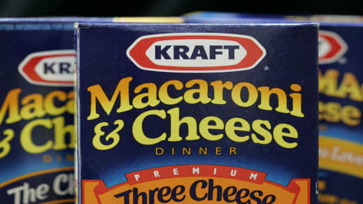 Boxes of Kraft Macaroni and Cheese.